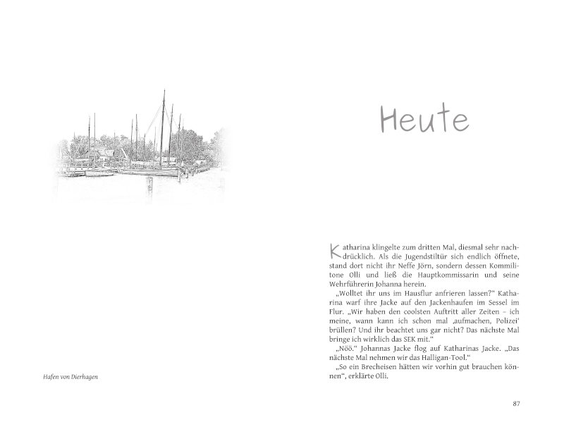 eine Doppelseite aus dem Buch 'Sturm in Moordevitz' 